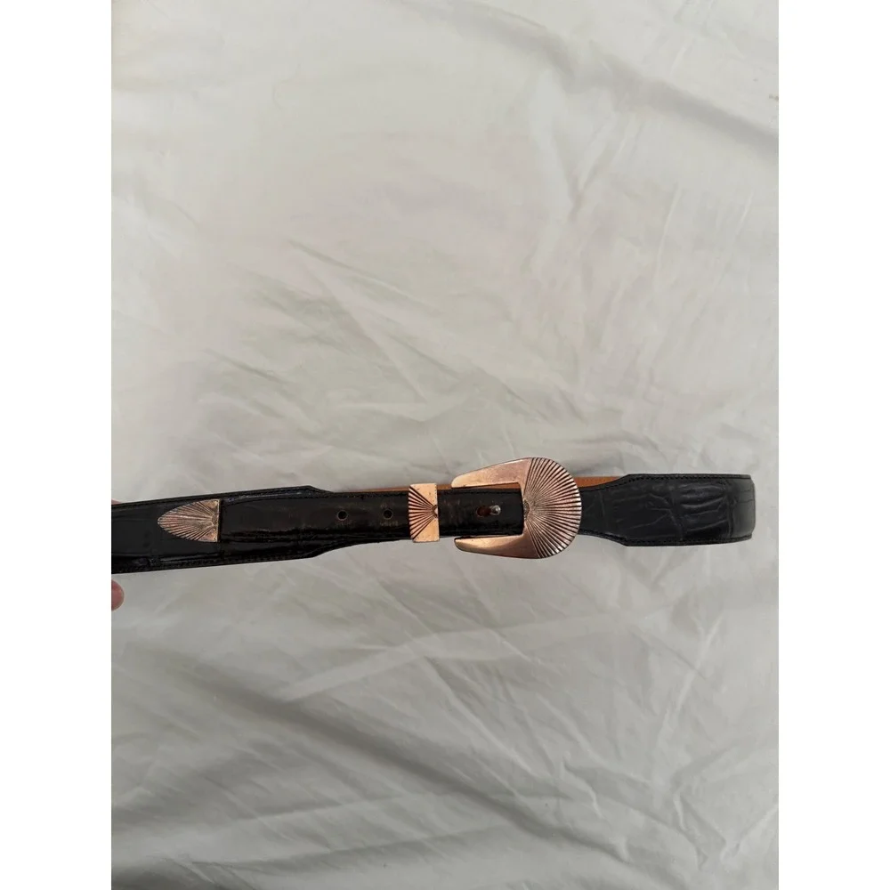 Onyx Leather Belt Size 36 Black Western Sunburst Buckle Vintage Rodeo